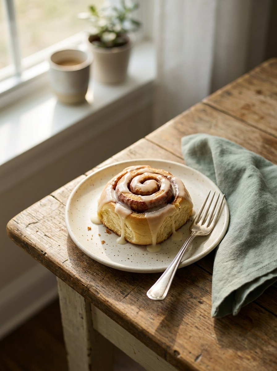 A single glazed cinnamon roll with a fork