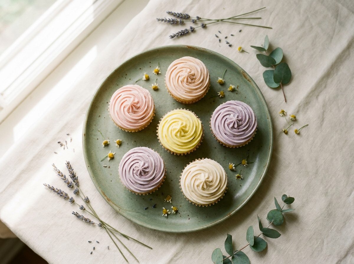 Frosted cupcakes with wildflower garnish