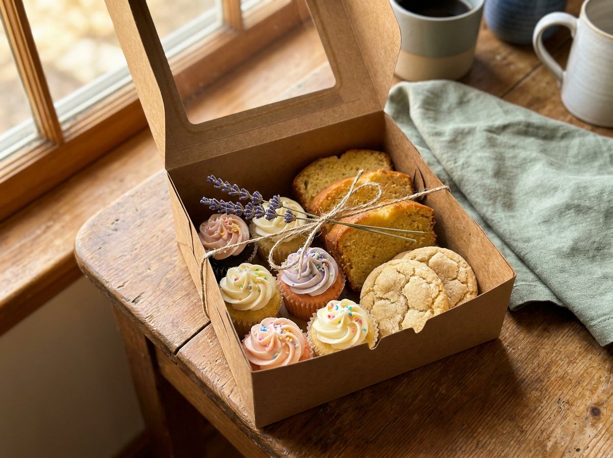 A custom treat box ready for pickup