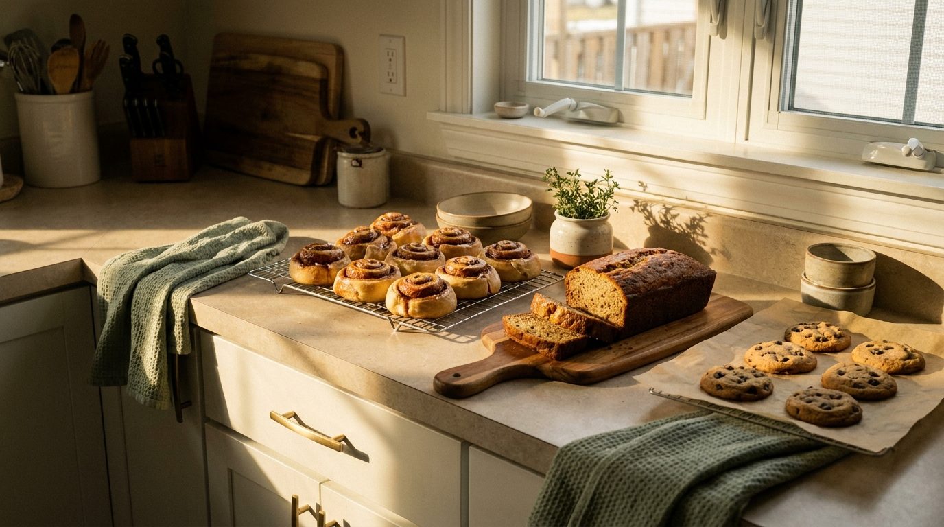 Home kitchen counter with cinnamon rolls, banana bread and cookies