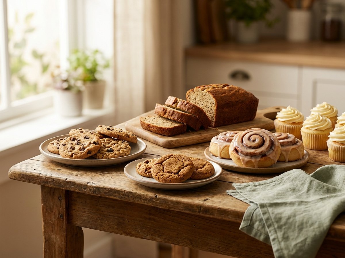 A homestyle spread of cookies, banana bread, cinnamon rolls and cupcakes